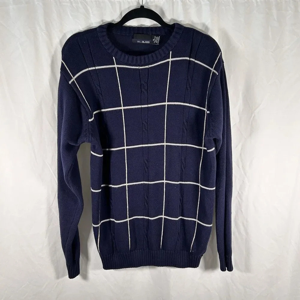 Bill Blass Sweater Men's XL Navy Blue Knit Crew Neck 100% Cotton Long Sleeve